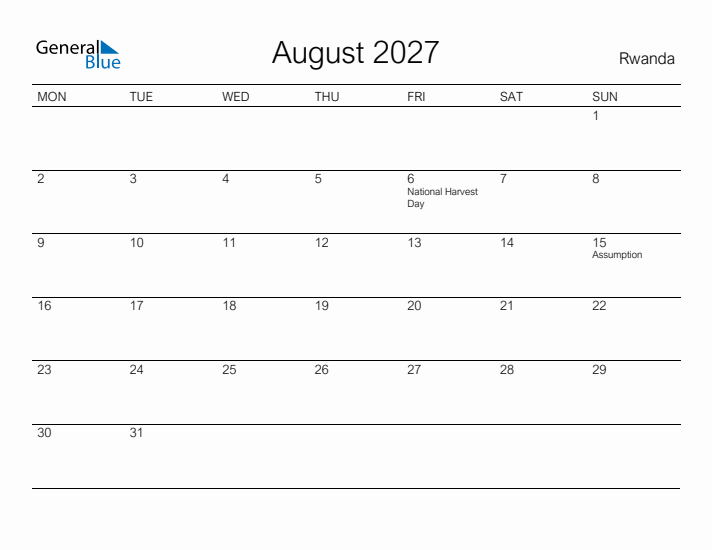 Printable August 2027 Calendar for Rwanda