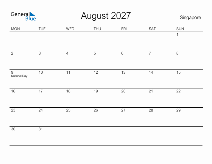 Printable August 2027 Calendar for Singapore