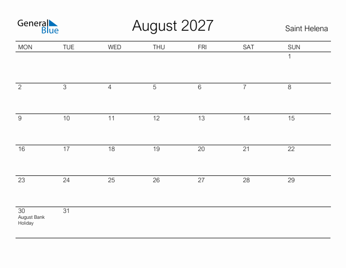 Printable August 2027 Calendar for Saint Helena