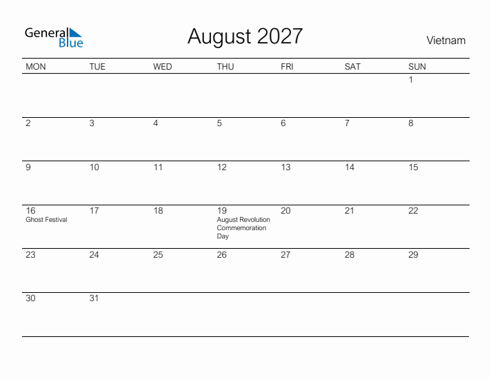 Printable August 2027 Calendar for Vietnam
