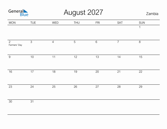 Printable August 2027 Calendar for Zambia