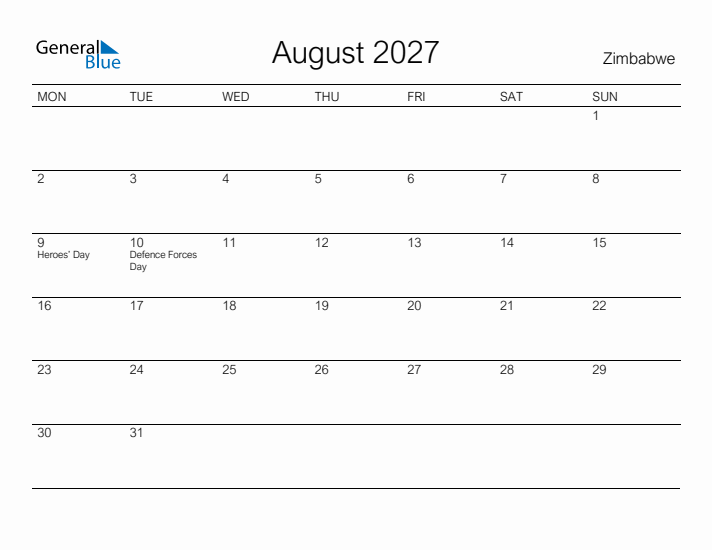 Printable August 2027 Calendar for Zimbabwe