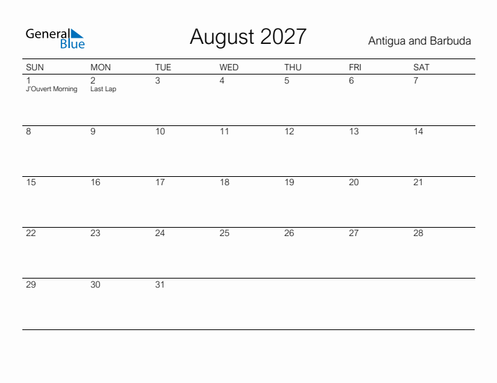 Printable August 2027 Calendar for Antigua and Barbuda
