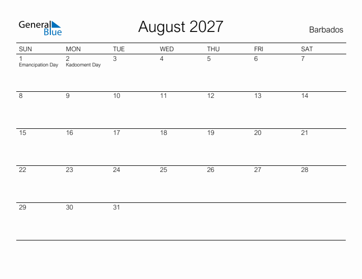 Printable August 2027 Calendar for Barbados