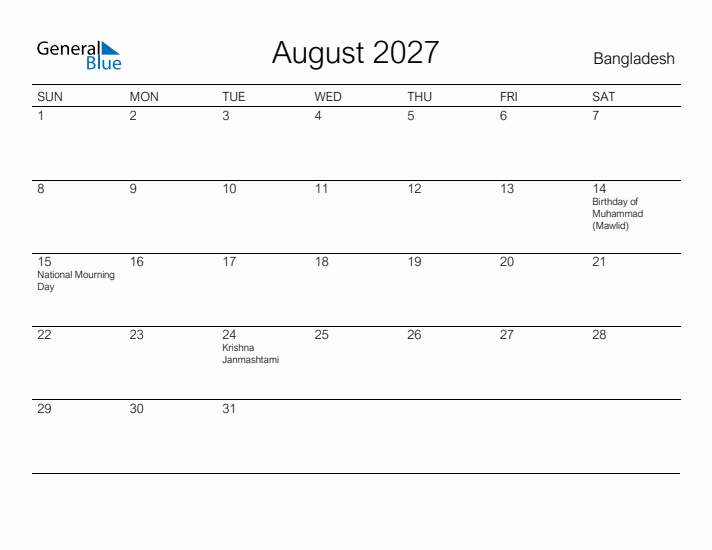 Printable August 2027 Calendar for Bangladesh