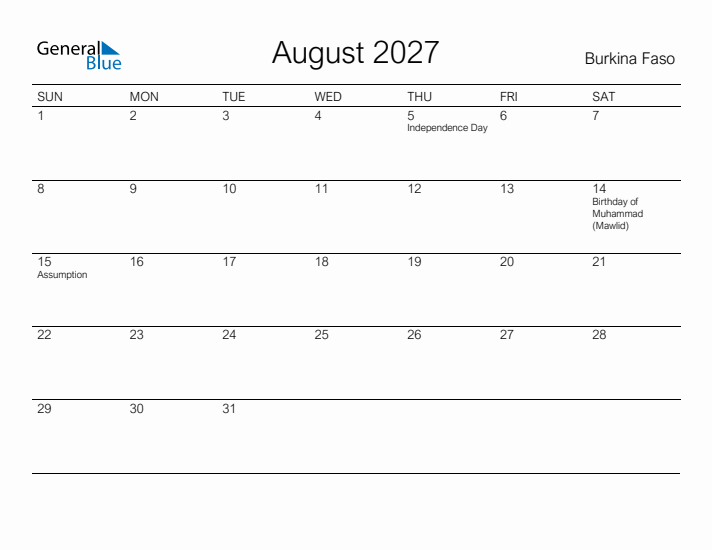Printable August 2027 Calendar for Burkina Faso