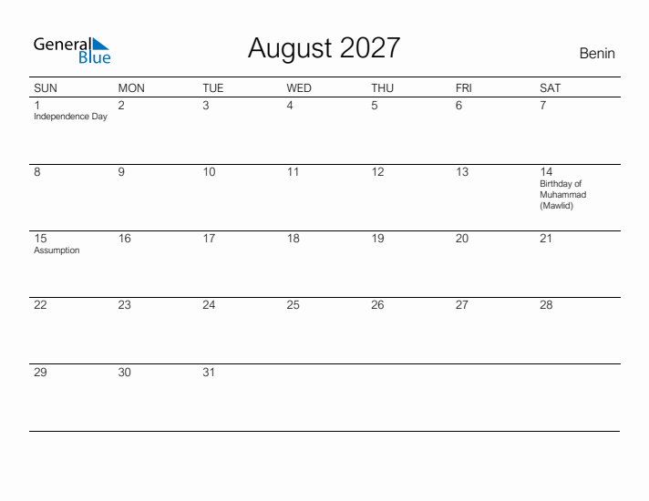 Printable August 2027 Calendar for Benin