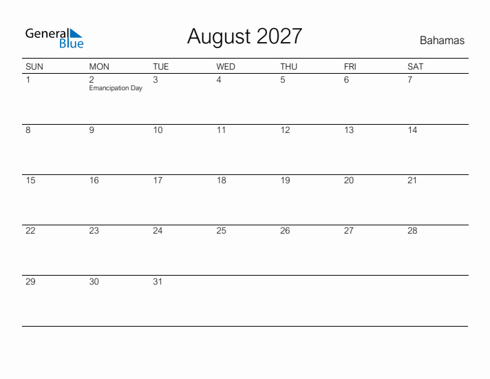 Printable August 2027 Calendar for Bahamas