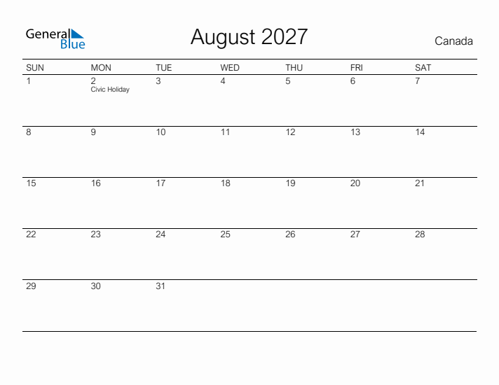 Printable August 2027 Calendar for Canada
