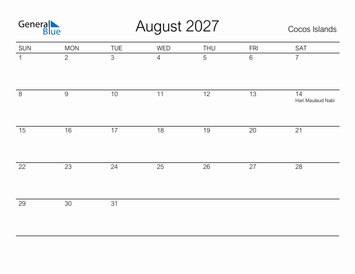 Printable August 2027 Calendar for Cocos Islands
