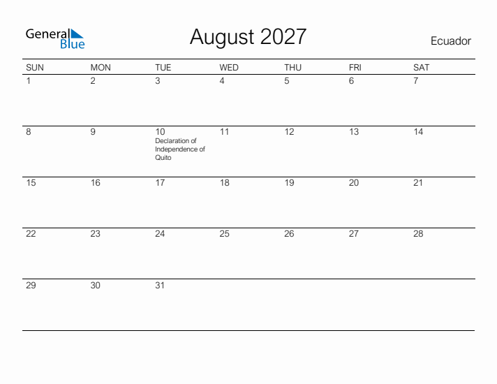 Printable August 2027 Calendar for Ecuador