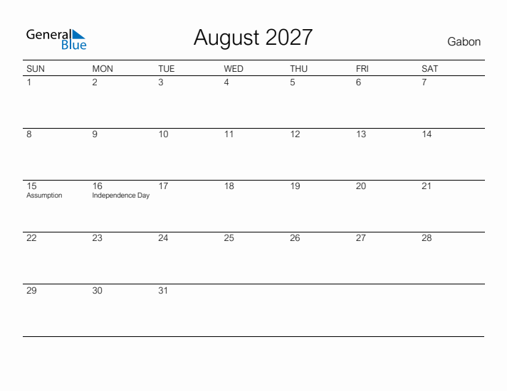 Printable August 2027 Calendar for Gabon