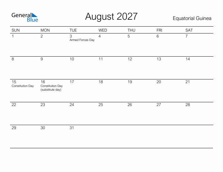 Printable August 2027 Calendar for Equatorial Guinea
