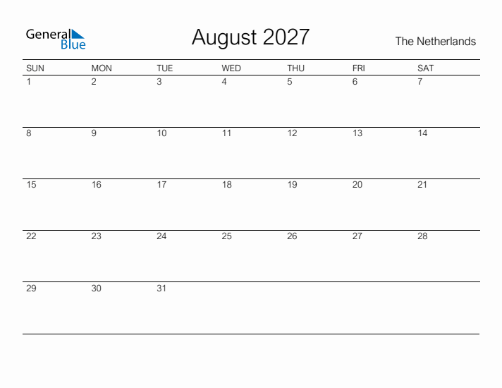 Printable August 2027 Calendar for The Netherlands