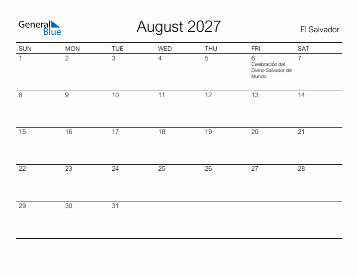 Printable August 2027 Calendar for El Salvador