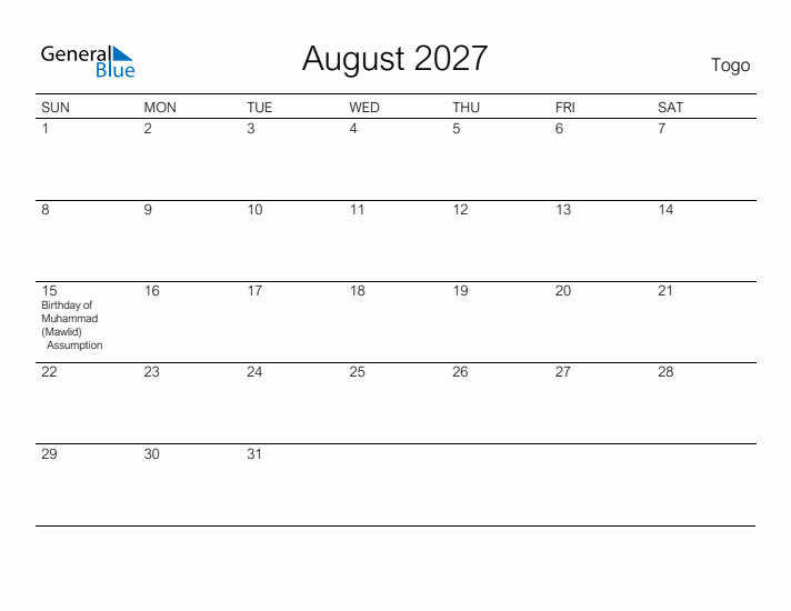 Printable August 2027 Calendar for Togo