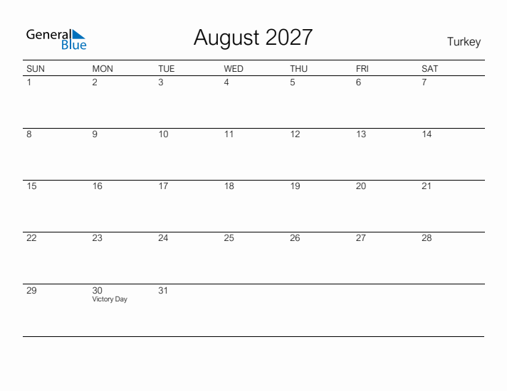 Printable August 2027 Calendar for Turkey