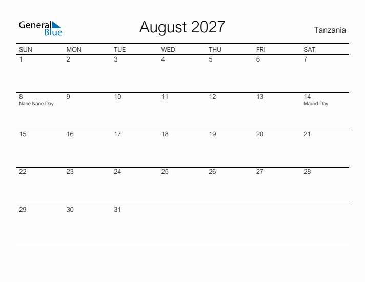 Printable August 2027 Calendar for Tanzania