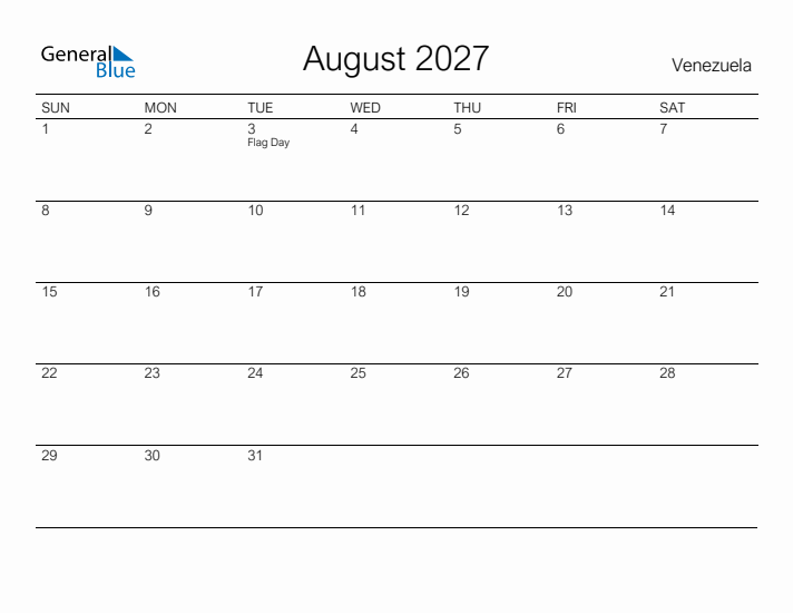 Printable August 2027 Calendar for Venezuela