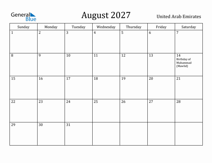 August 2027 Calendar United Arab Emirates