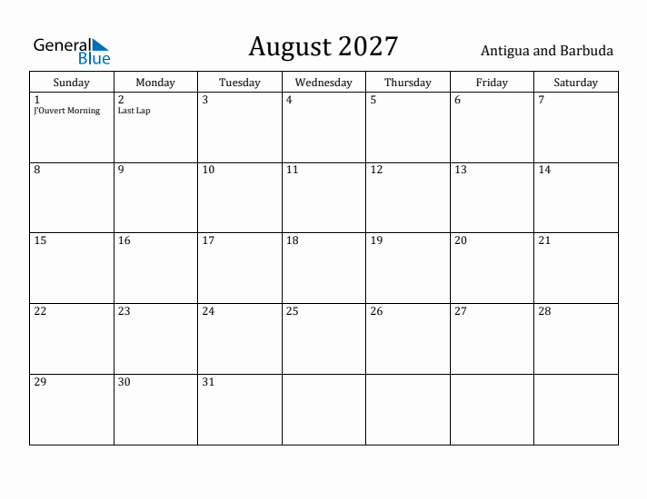 August 2027 Calendar Antigua and Barbuda