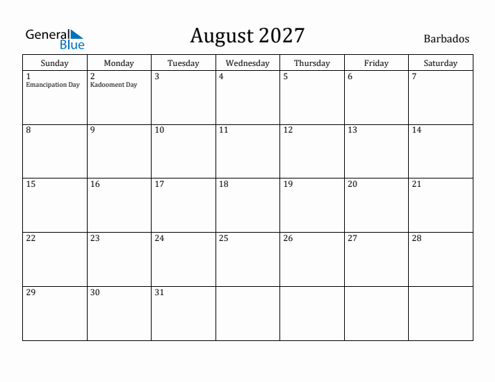 August 2027 Calendar Barbados