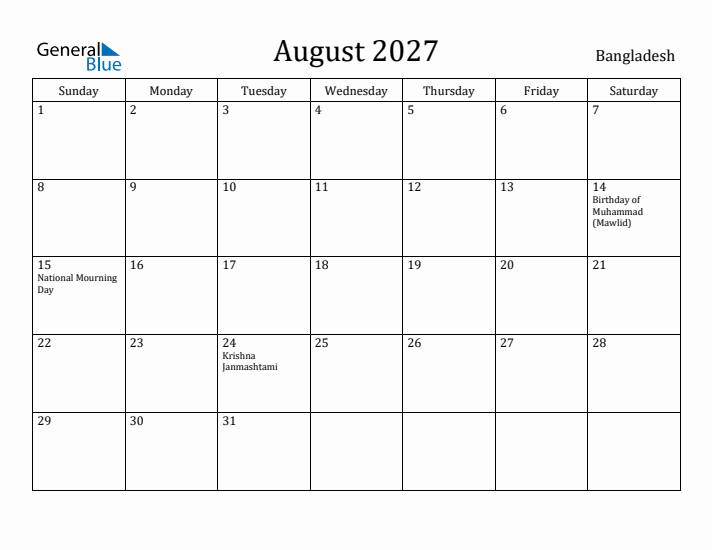 August 2027 Calendar Bangladesh