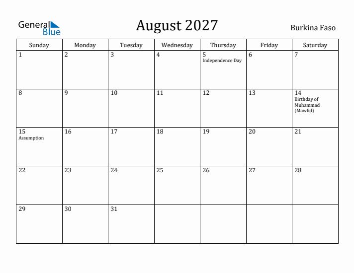 August 2027 Calendar Burkina Faso