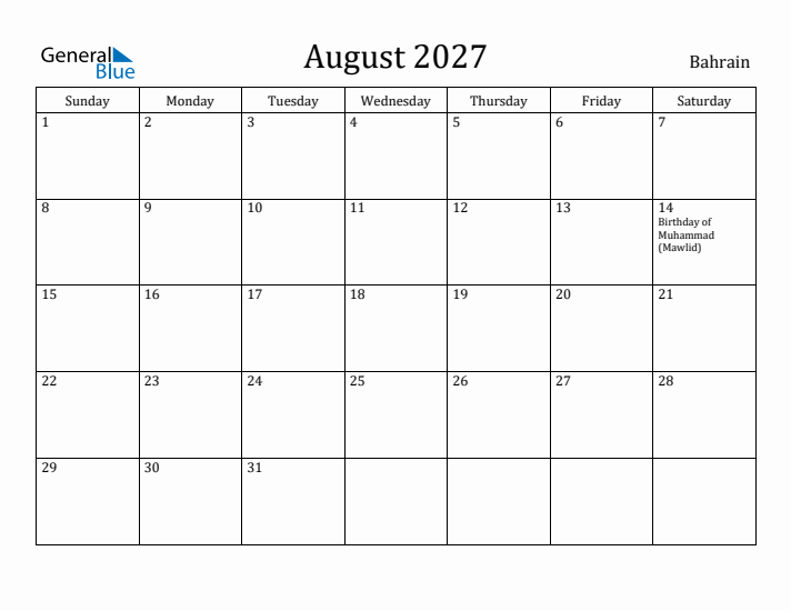 August 2027 Calendar Bahrain