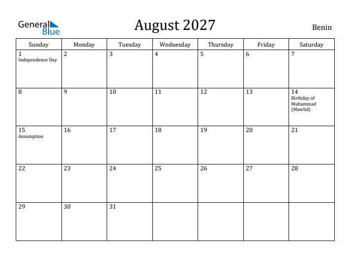 August 2027 Calendar Benin