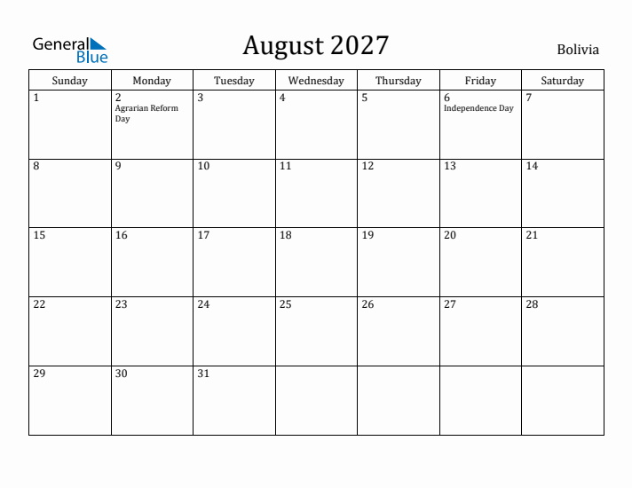 August 2027 Calendar Bolivia