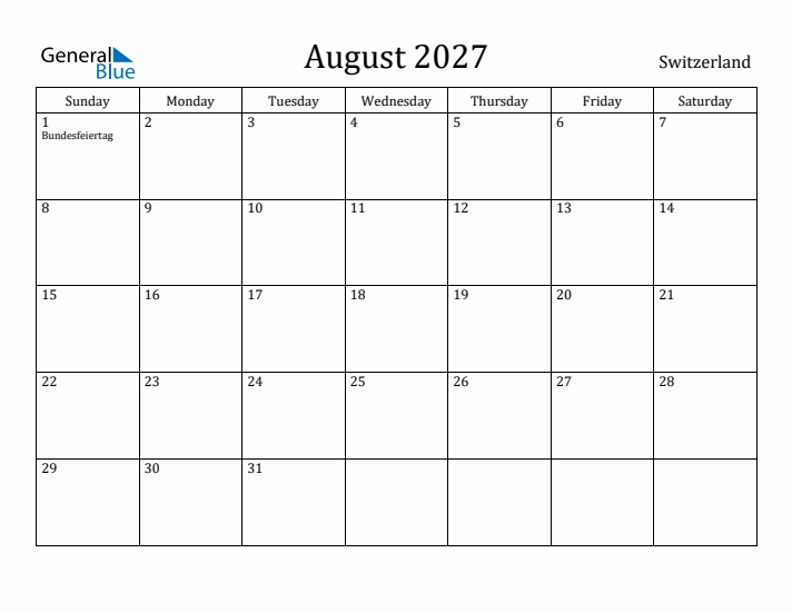 August 2027 Calendar Switzerland