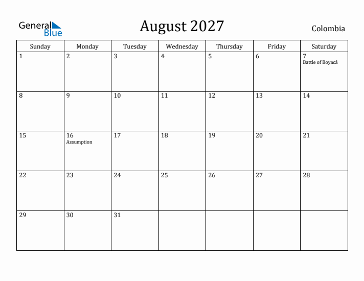 August 2027 Calendar Colombia