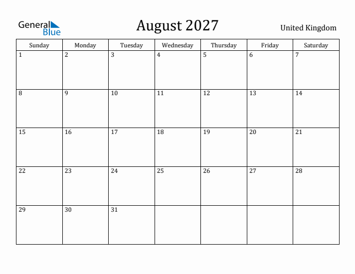 August 2027 Calendar United Kingdom