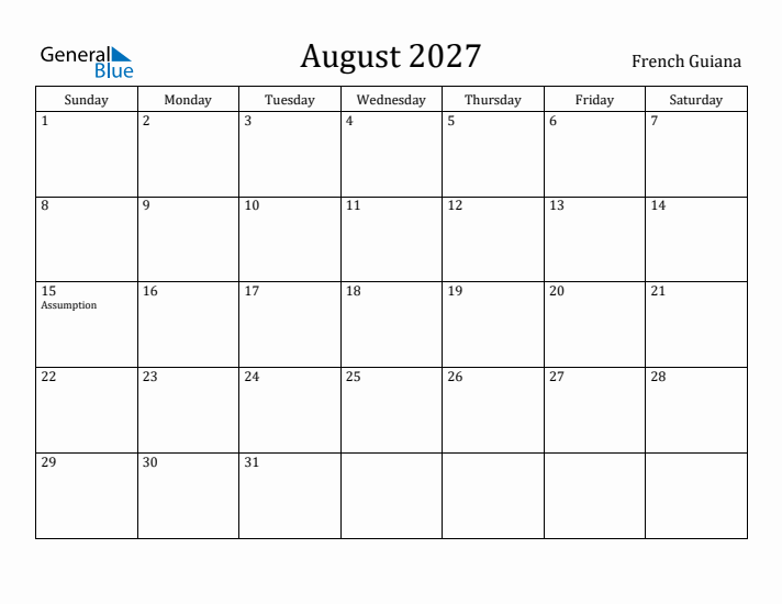 August 2027 Calendar French Guiana