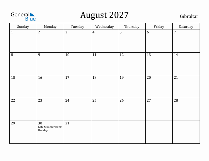 August 2027 Calendar Gibraltar