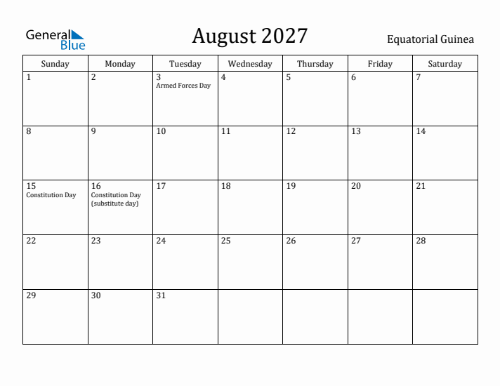 August 2027 Calendar Equatorial Guinea