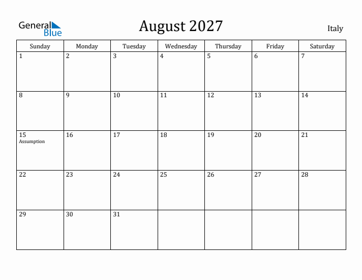 August 2027 Calendar Italy