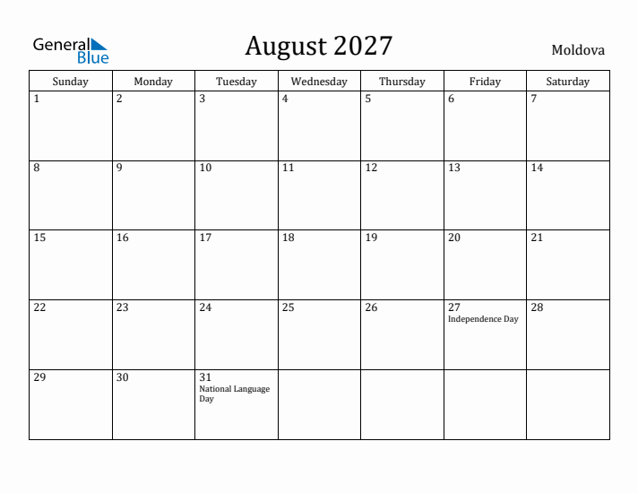 August 2027 Calendar Moldova