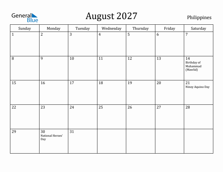 August 2027 Calendar Philippines