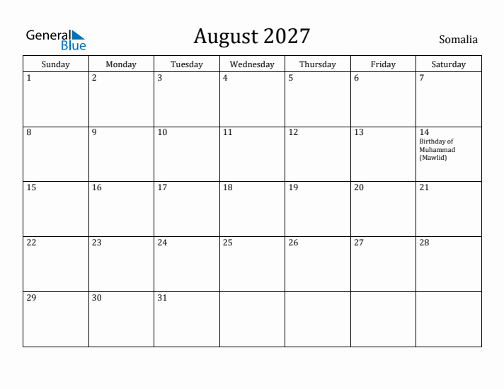 August 2027 Calendar Somalia