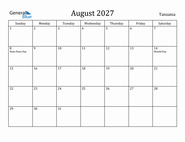 August 2027 Calendar Tanzania