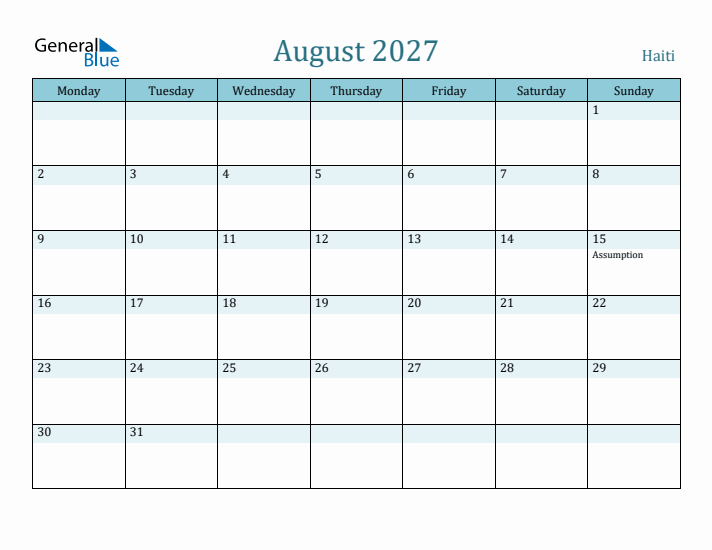 August 2027 Calendar with Holidays