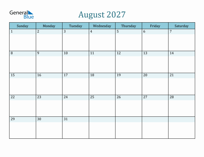 August 2027 Printable Calendar