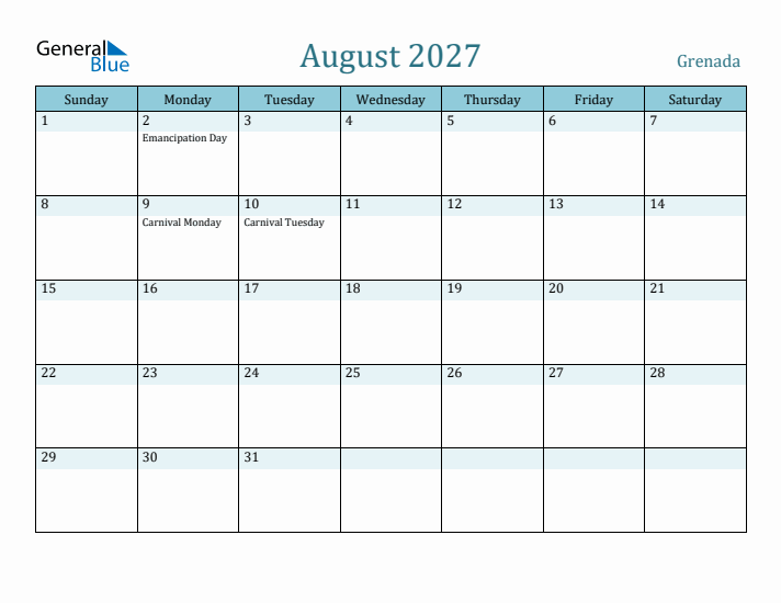 August 2027 Calendar with Holidays