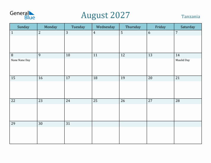 August 2027 Calendar with Holidays