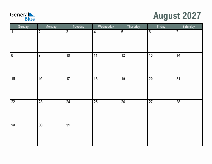 Free Printable August 2027 Calendar