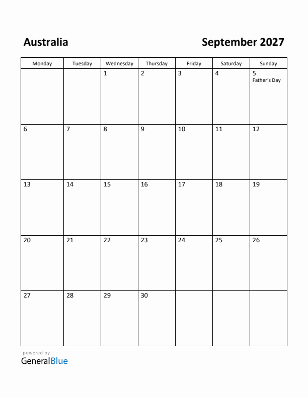 September 2027 Calendar with Australia Holidays