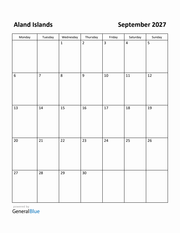 September 2027 Calendar with Aland Islands Holidays