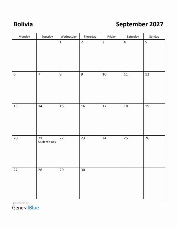 September 2027 Calendar with Bolivia Holidays